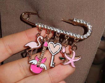 Personalized Charm Safety Pin | Custom Pink & Gold Coat Pin