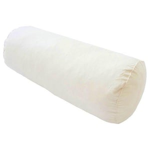 May include: A cylindrical, cream-colored bolster cushion. The cushion is made of a soft, textured fabric and is designed to provide support. The ends are gathered and sewn. The cushion is a neutral colour and can be used for various purposes.