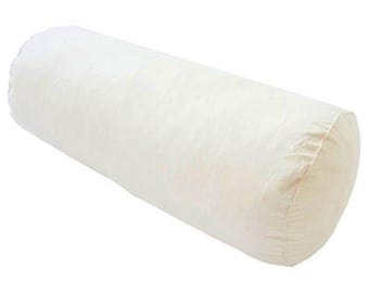 May include: A cylindrical, off-white bolster pillow. The pillow is made of a soft, textured fabric and is designed to provide support. The ends of the pillow are gathered and sewn. The pillow is a neutral color and can be used for various purposes.