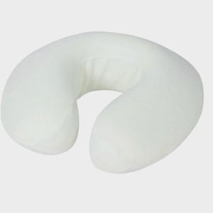 May include: A white, U-shaped massage pillow. The pillow is designed to support the neck and head, with a curved shape and a central opening. The pillow is made of a soft, plush material.