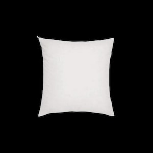 May include: A square, white pillow against a black backdrop. The pillow has a soft, textured appearance and a zip closure at the top. The pillow is a neutral colour and could be used for decorative or functional purposes.