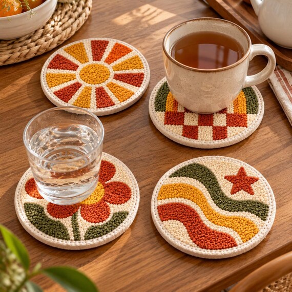 Retro Punch Needle Coasters, Handmade Coaster Set, Unique Coffee Table Decor
