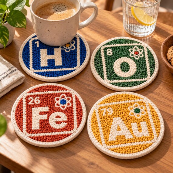 Periodic Element Coasters, Punch Needle Set, Science Lover Gift