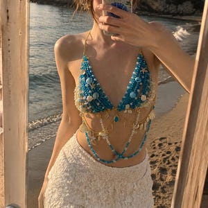 Mermaid Beaded Bralette, Seashell Pearl Body Jewelry, Ocean Festival Top