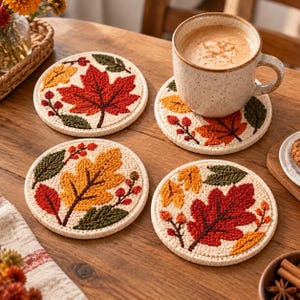 Pode incluir: Quatro porta-copos redondos de cor creme com bordado texturizado de folhas de outono e bagas em tons de vermelho, laranja, amarelo e verde escuro. Um dos porta-copos sustenta uma caneca de cerâmica salpicada com uma bebida castanha clara.