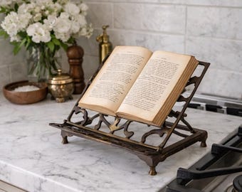 Soporte para libros/libros de cocina de latón vintage, expositor plegable ornamentado, decoración de cocina de estilo antiguo.