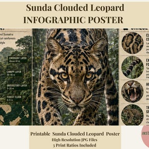 May include: A printable infographic poster showcasing a Sunda Clouded Leopard. The poster provides information about the leopard's habitat and features, with a detailed image of the animal. The poster also includes the text "Printable Sunda Clouded Leopard Poster".