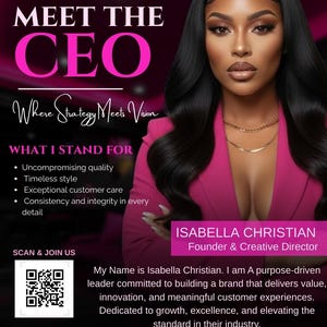 May include: A promotional graphic featuring a woman in a pink blazer. Text includes "MEET THE CEO", "Where Strategy Meets Vision", and a list of values. The graphic also includes a QR code and website information.