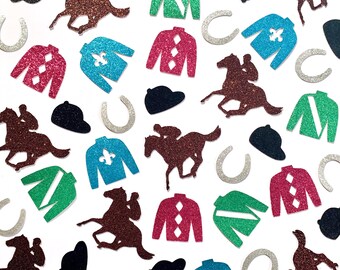 May include: Assortment of colourful glitter confetti featuring horseshoes, horses, and jockey silks. The confetti is perfect for a Kentucky Derby party or a horse racing themed event.