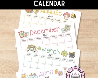 May include: A 2027 printable calendar featuring multiple monthly pages with pastel-colored illustrations of flowers, rainbows, mushrooms, and bees. Each page displays the month name, the year 2027, and a grid for days. A circular download and print icon.
