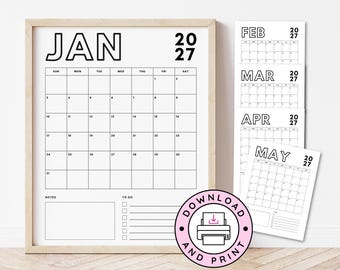 May include: A 2027 wall calendar featuring a black and white grid layout for January, with additional monthly sheets for February, March, April, and May stacked to the side. Each page includes a notes section and a to-do list with checkboxes.