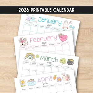 Joli calendrier 2026 imprimable. Calendrier scolaire Kawaii Kids Teacher pour maman. Téléchargement PDF