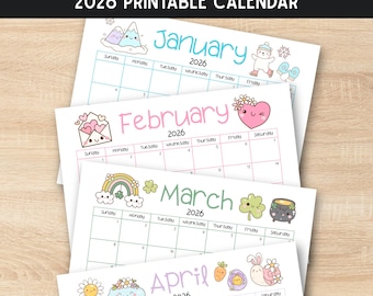 2026 Cute Printable Calendar . Kawaii Kids Teacher Mom School Calendar . PDF Download