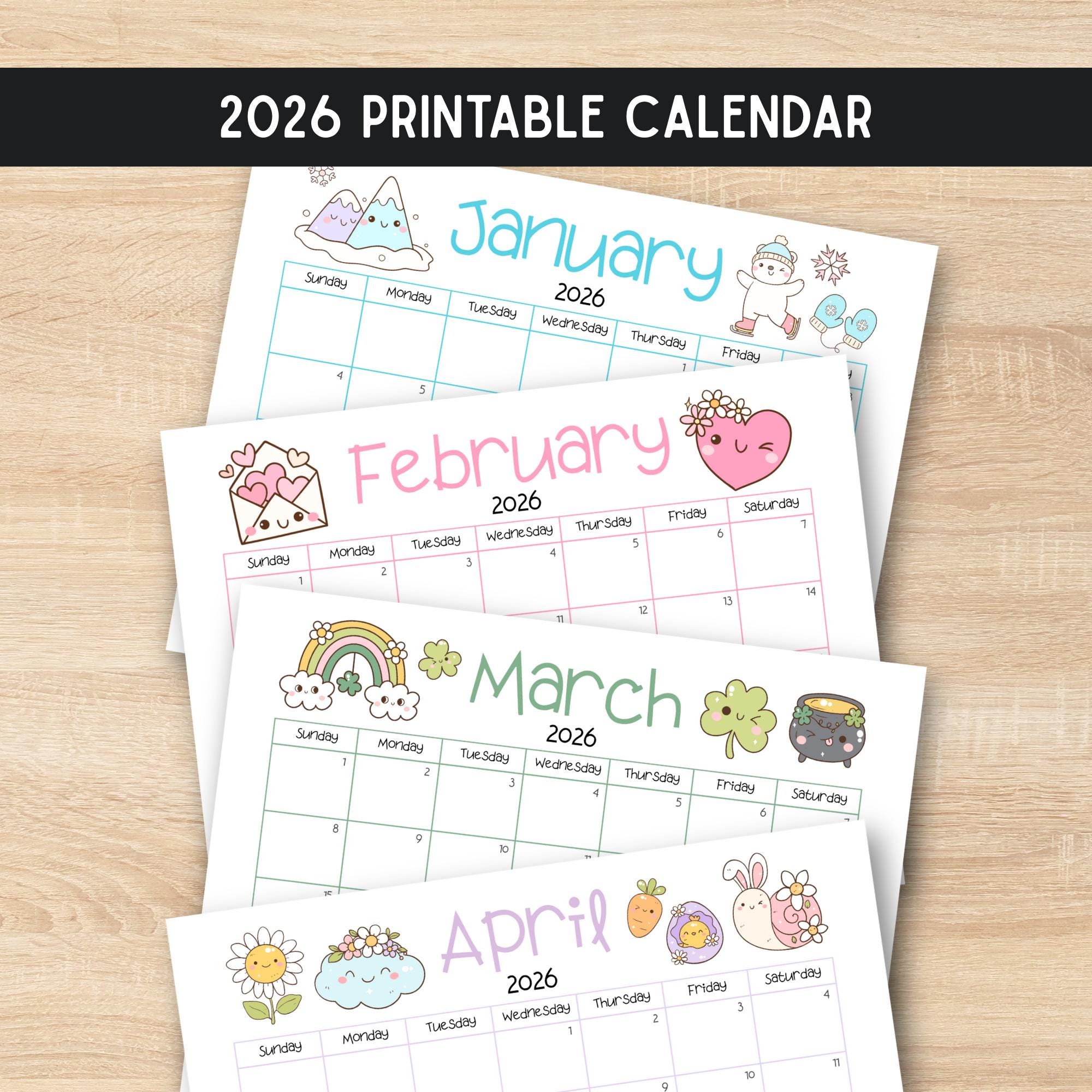 2026 Cute Printable Calendar . Kawaii Kids Teacher Mom School Calendar ...