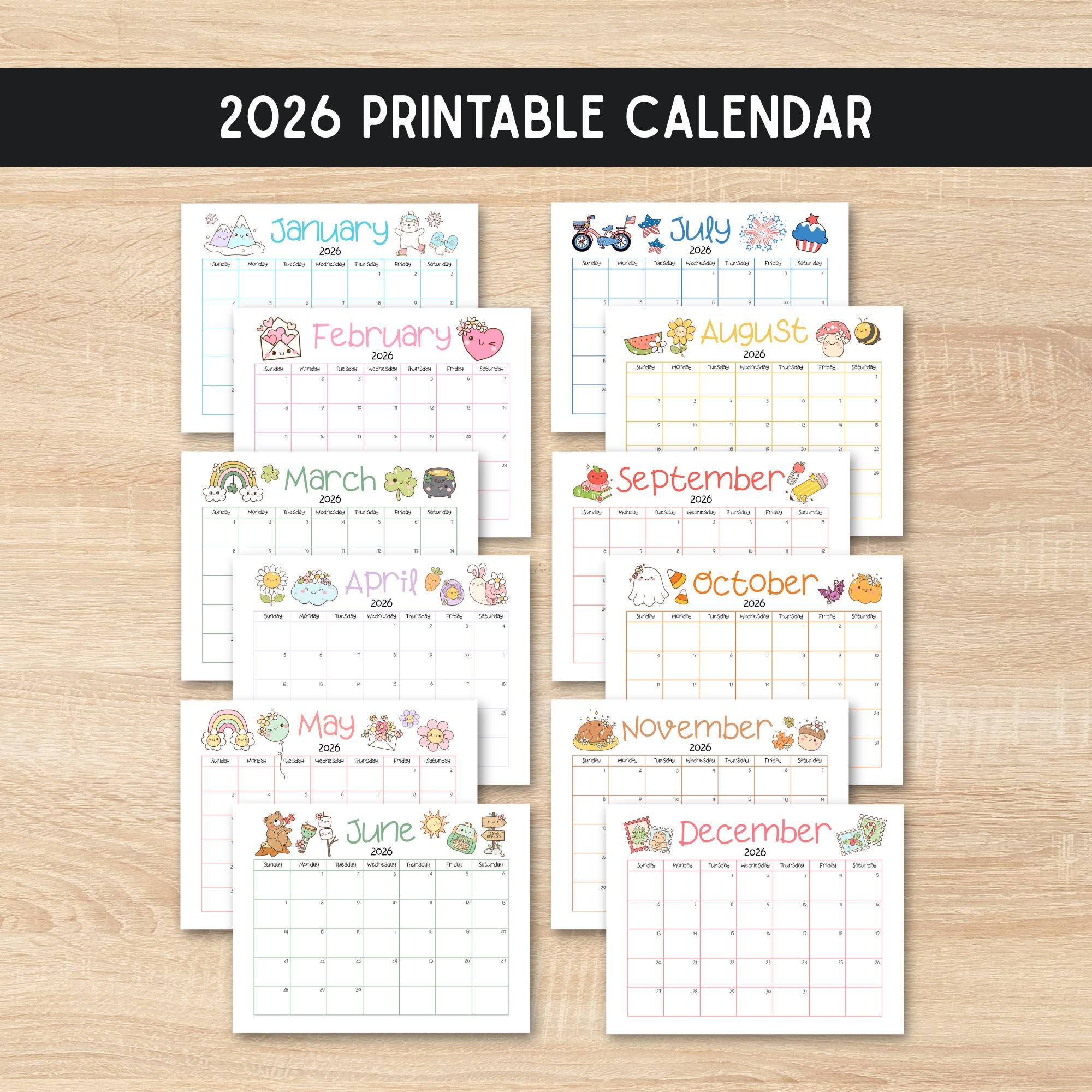 2026 Cute Printable Calendar . Kawaii Kids Teacher Mom School Calendar ...