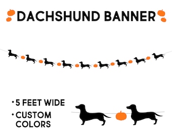 May include: A black dachshund banner with orange pumpkins. The banner is 5 feet wide and has the text "DACHSHUND BANNER". The banner is customizable with custom colors.