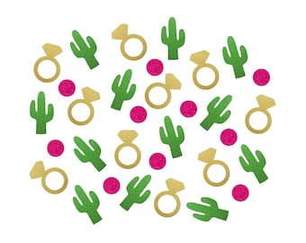 May include: Scattered confetti with green cactus and gold ring designs, and pink circle confetti.