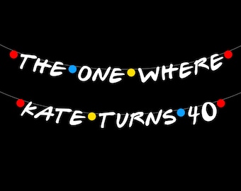 May include: A white banner with red, blue and yellow circles, reading "The One Where Kate Turns 40".