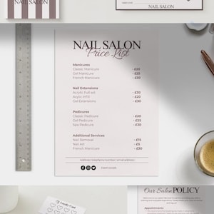 May include: An overhead shot of nail salon promotional materials. Includes a price list, gift certificate, business cards, and a loyalty card. The price list details manicure, pedicure, and nail extension services.