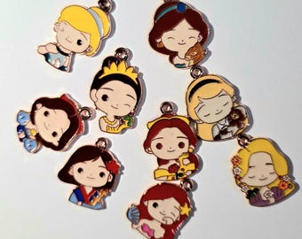 Disney Princess Inspired Enamel Charm Set – 9 Pieces | Kawaii Chibi Style