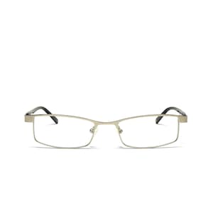 Puede incluir: Gafas rectangulares plateadas con patillas negras. Las gafas tienen una montura metálica fina y lentes transparentes. El diseño es simple y moderno, adecuado para el uso diario. Las gafas se muestran sobre un fondo blanco.