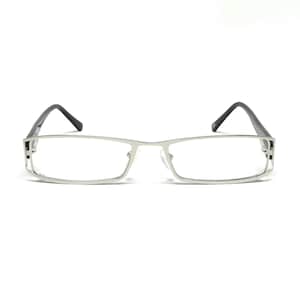 May include: Silver-framed eyeglasses with rectangular lenses and black temples. The glasses have a modern design, suitable for everyday wear. The frame is a light silver color.