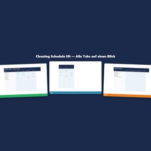 Könnte beinhalten: Drei digitale Reinigungsplanvorlagen auf dunkelblauem Hintergrund. Jede Vorlage befindet sich auf einem weißen Rechteck mit farbigem Rand: grün, blau und orange. Der Text "Cleaning Schedule EN - Alle Tabs auf einen Blick" steht oben.