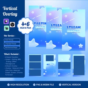 Op de afbeelding: Een streaming overlay pakket met een blauw en paars verloop en stermotieven. De set bevat verticale schermen met de tekst Starting Soon, Stream Offline en Stream Ending, samen met diverse webcam- en chatkaders.