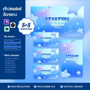 Puede incluir: Un paquete de activos digitales con pantallas de transmisión animadas con fondo degradado azul, estrellas blancas y texto que incluye Starting Soon, Be Right Back, Stream Ending y Stream Offline. Incluye diez archivos PNG y WEBM de alta resolución.