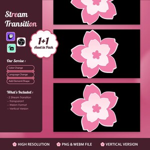 May include: A digital graphic design with a pink and white flower design on a black background. The image includes the text "Stream Transition" and "1+1 Asset in Pack". Additional text includes "Color Change", "Language Change", and "Add Element/Shape".