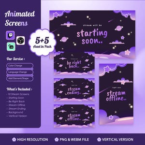 Puede incluir: Paquete de pantallas animadas digitales con temática espacial en morado y negro. Incluye pantallas para 'empezando pronto', 'vuelvo enseguida', 'stream finalizando' y 'offline'. Ofrece opciones de cambio de color e idioma.