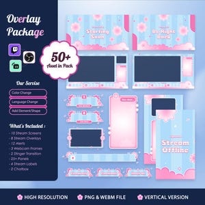 May include: A digital overlay package in pastel pink and blue. The package includes stream screens, overlays, alerts, webcam frames, transitions, panels, labels, and chat boxes. Text includes "Overlay Package", "50+ Asset in Pack", and "Stream Offline".