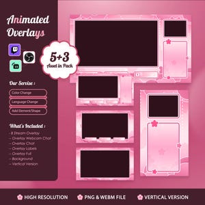 May include: Pink animated overlays for streaming, featuring a floral design. The image includes multiple screen layouts with dark rectangles for content, and text that reads "Animated Overlays", "5+3 Asset in Pack", and "High Resolution".