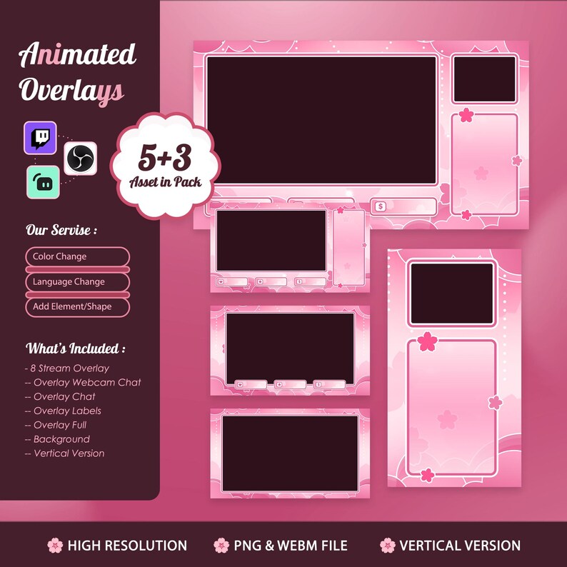 May include: Pink animated overlays for streaming, featuring a floral design. The image includes multiple screen layouts with dark rectangles for content, and text that reads "Animated Overlays", "5+3 Asset in Pack", and "High Resolution".