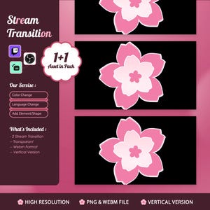 Puede incluir: Un diseño gráfico digital con ilustraciones de flores rosas sobre un fondo negro. La imagen incluye el texto "Stream Transition" y "1+1 Asset in Pack". Texto adicional indica servicios como cambios de color e idioma, y formatos de archivo.