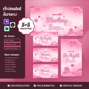 Könnte beinhalten: Pinke animierte Stream-Bildschirme mit Blumen- und Wolkenmotiven. Der Text enthält "Starting Soon", "Be Right Back", "Stream Ending" und "Stream Closed". Enthält 10 Stream-Bildschirme, Farb- und Sprachänderungsoptionen.