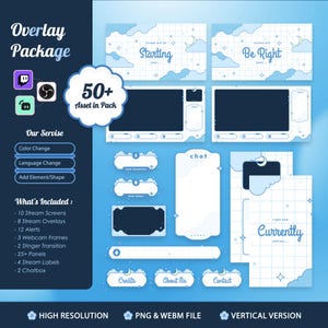 May include: A digital overlay package in light blue and white, with cloud and grid designs. It includes stream screens, overlays, alerts, webcam frames, and panels. The package offers colour and language change options, and the ability to add elements and shapes. The package includes over 50 assets.
