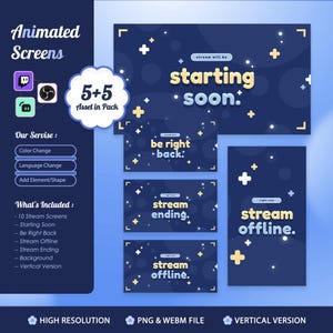 Pode incluir: Um pacote digital de dez telas de transmissão animadas em azul escuro com detalhes em azul claro e amarelo. As telas apresentam textos como starting soon, be right back, stream ending e stream offline, decoradas com pequenos sinais de mais e círculos.