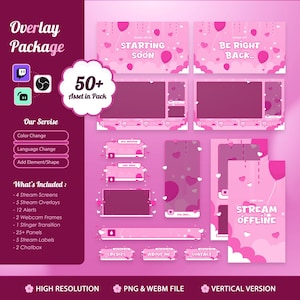 May include: A pink and white overlay package for streamers, featuring screens, overlays, alerts, webcam frames, panels, labels, and chatboxes. Includes the text "Starting Soon", "Be Right Back", and "Stream Offline". Includes over 50 assets.