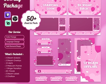Puede incluir: Un paquete de superposición rosa y blanco para streamers, con pantallas, superposiciones, alertas, marcos de webcam, paneles, etiquetas y chatboxes. Incluye los textos "Starting Soon", "Be Right Back" y "Stream Offline". Incluye más de 50 activos.
