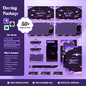 Op de afbeelding: Een paars en zwart overlay-pakket voor streaming, met schermen, overlays, waarschuwingen, webcamframes en panelen. Het pakket bevat de tekst "Overlay Package", "50+ Asset in Pack" en "What's Included". Het ontwerp heeft een ruimtethema met sterren en wolken.