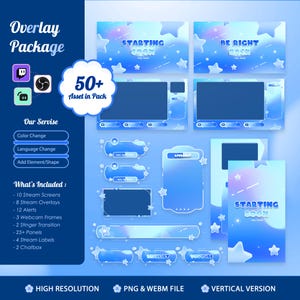 May include: A digital overlay package for streaming featuring a blue gradient theme with white star graphics. The set includes various screen layouts, webcam frames, alert boxes, and panels with text such as Starting Soon and Be Right Back.
