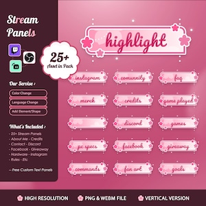 May include: Pink and white stream panels with floral accents. Includes panels for Instagram, Discord, and more. Features a "highlight" banner and a "25+ Asset in Pack" graphic. Includes options for color and language changes.