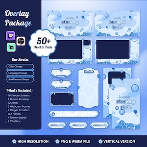 Könnte beinhalten: Ein digitales Streaming-Overlay-Paket mit einem hellblauen Unterwasser-Thema, verziert mit Quallen, Blasen und Korallen. Das Set enthält Streaming-Bildschirme, Webcam-Rahmen, Chat-Boxen und verschiedene Panels mit integriertem Text.