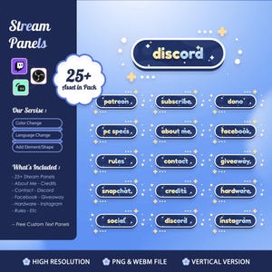 May include: A digital art graphic with a blue background featuring stream panels. The panels include text such as "discord", "patreon", "subscribe", and "about me". The image also includes the text "25+ Asset in Pack".