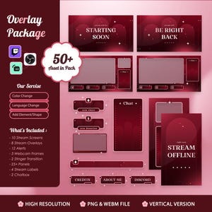 May include: A digital overlay package with a maroon and pink color scheme. The package includes stream screens, overlays, alerts, webcam frames, panels, and labels. Text includes "Starting Soon", "Be Right Back", and "Stream Offline".