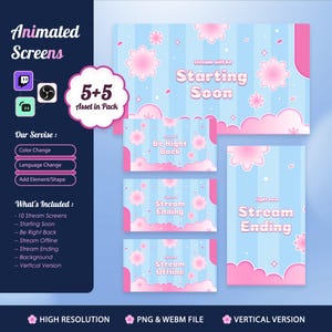 Könnte beinhalten: Animierte Stream-Bildschirme in Hellblau und Rosa mit floralen und Wolkenmotiven. Texte wie "Starting Soon", "Be Right Back" und "Stream Ending". Das Paket enthält 10 Stream-Bildschirme und bietet Farb- und Sprachänderungsoptionen.
