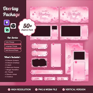 May include: A pink and white overlay package for streaming, featuring screens, overlays, alerts, webcam frames, panels, and labels. Includes the text "Overlay Package", "Starting Soon...", and "Be Right Back...". Includes over 50 assets.