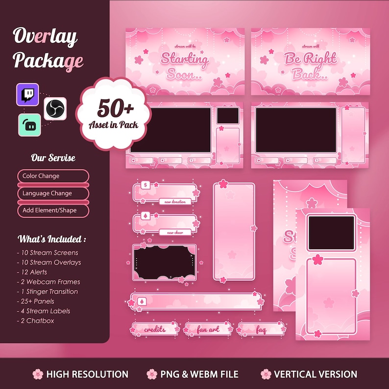 May include: A pink and white overlay package for streaming, featuring screens, overlays, alerts, webcam frames, panels, and labels. Includes the text "Overlay Package", "Starting Soon...", and "Be Right Back...". Includes over 50 assets.