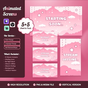 Écrans de diffusion en streaming rose pastel nuage pour YouTube Kick de Twitch – étoiles kawaii, début mignon, fin BRB hors ligne, esthétique douce et scintillante